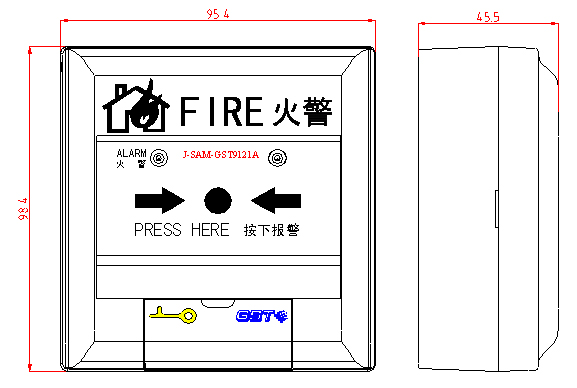 J-SAM-GST9121A手動火災(zāi)報(bào)警按鈕外形結(jié)構(gòu)示意圖